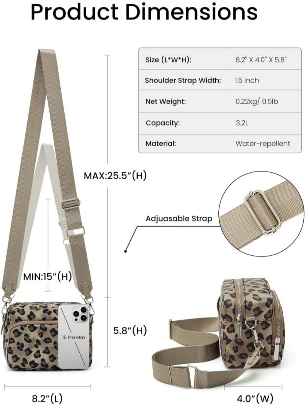 Women's Leopard Travel Purse Adjustable Strap Casual Mini Crossbody Bag - Picture 3 of 6